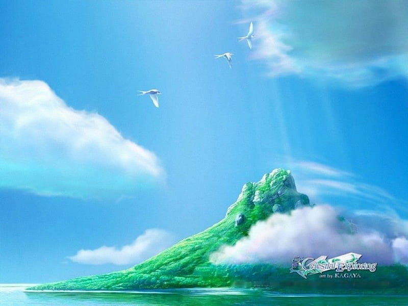 Celestial Exploring by Kagaya, fantasy, green, island, clouds, artwork, sea, HD wallpaper