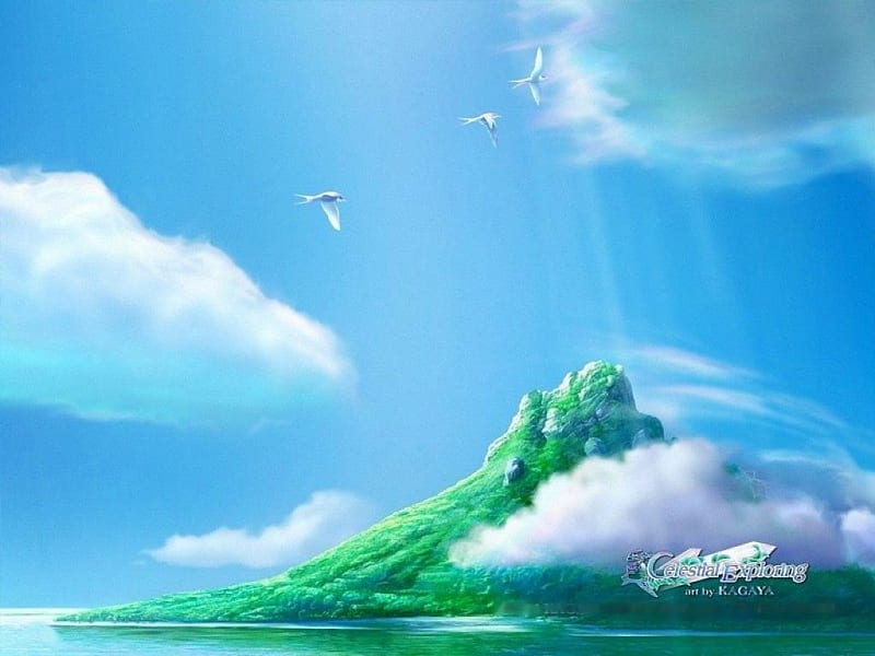 Celestial Exploring By Kagaya Fantasy Green Island Clouds Artwork Sea Hd Wallpaper Peakpx