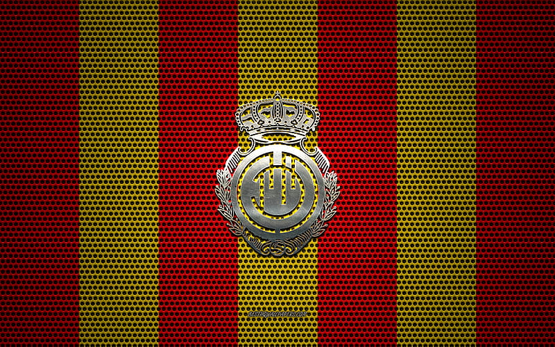 RCD Mallorca logo, Spanish football club, metal emblem, red yellow metal mesh background, RCD Mallorca, La Liga, Palma de Mallorca, Spain, football, HD wallpaper