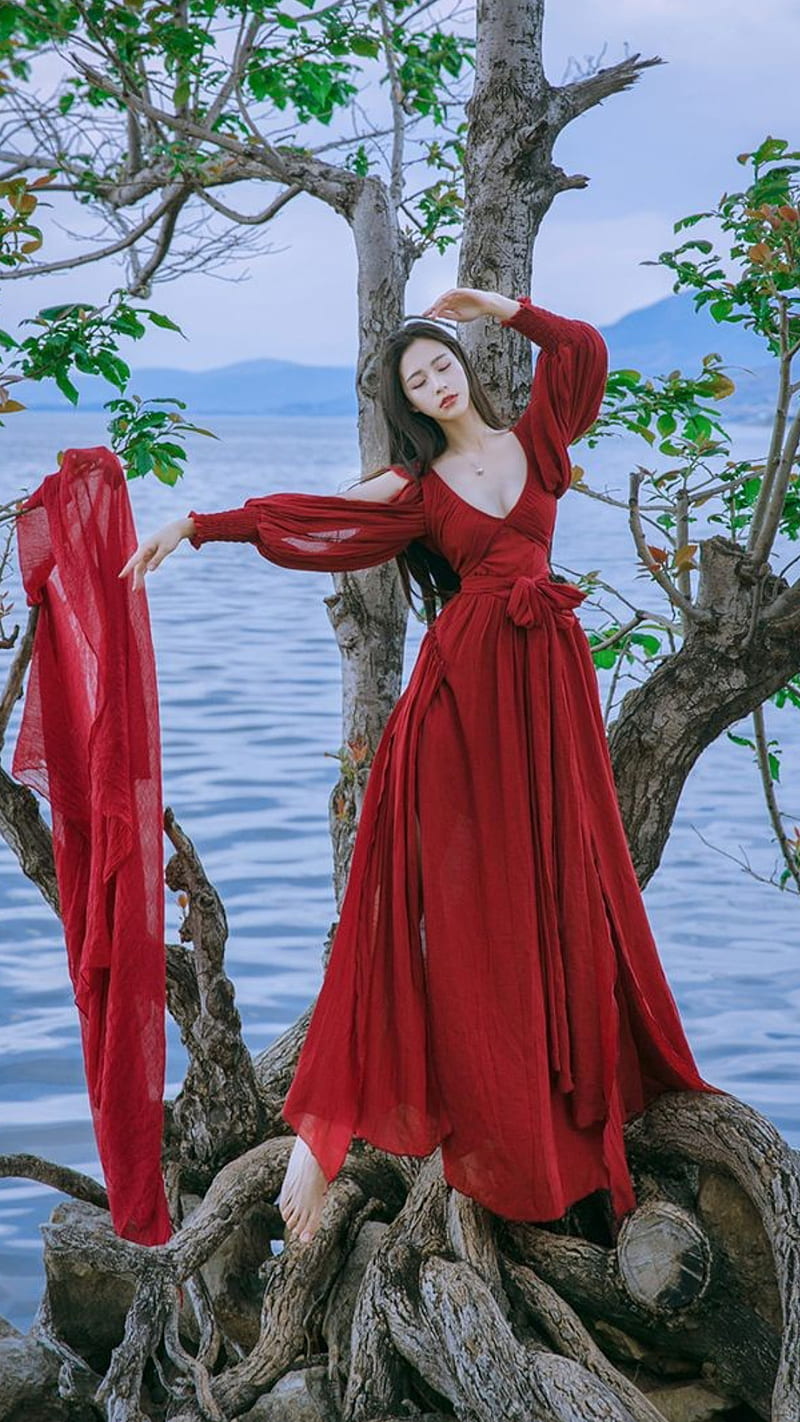 Red in nature, asian, asian girl, cute, fashion, pretty, red dress, sea, tree, HD phone wallpaper