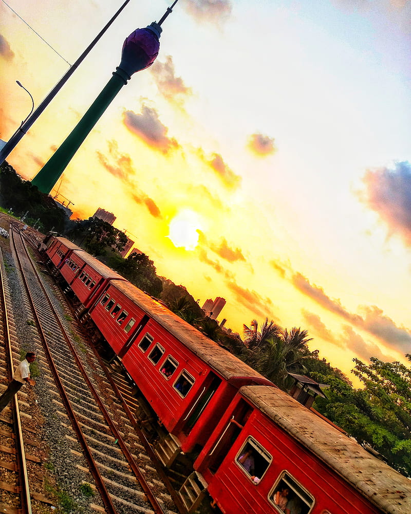 Lotus Tower, colombo, lanka, railway, red, sri lanka, sun, sunset, sunshine, train, HD phone wallpaper