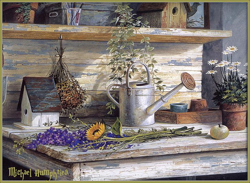 A Gardener's Workshop, table, water can, crate, shelf, birdhouses, bird houses, watering can, flowers, flower pot, HD wallpaper