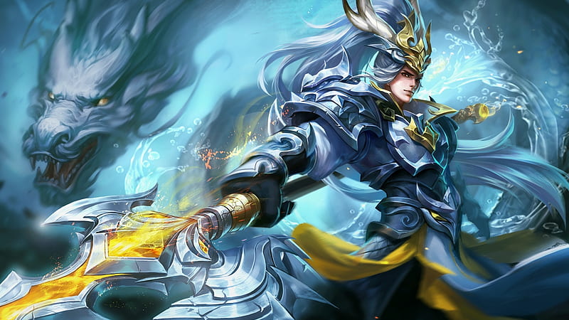Warrior, game, yellow, man, dragon, armor, fantasy, blue, king of glory, HD wallpaper