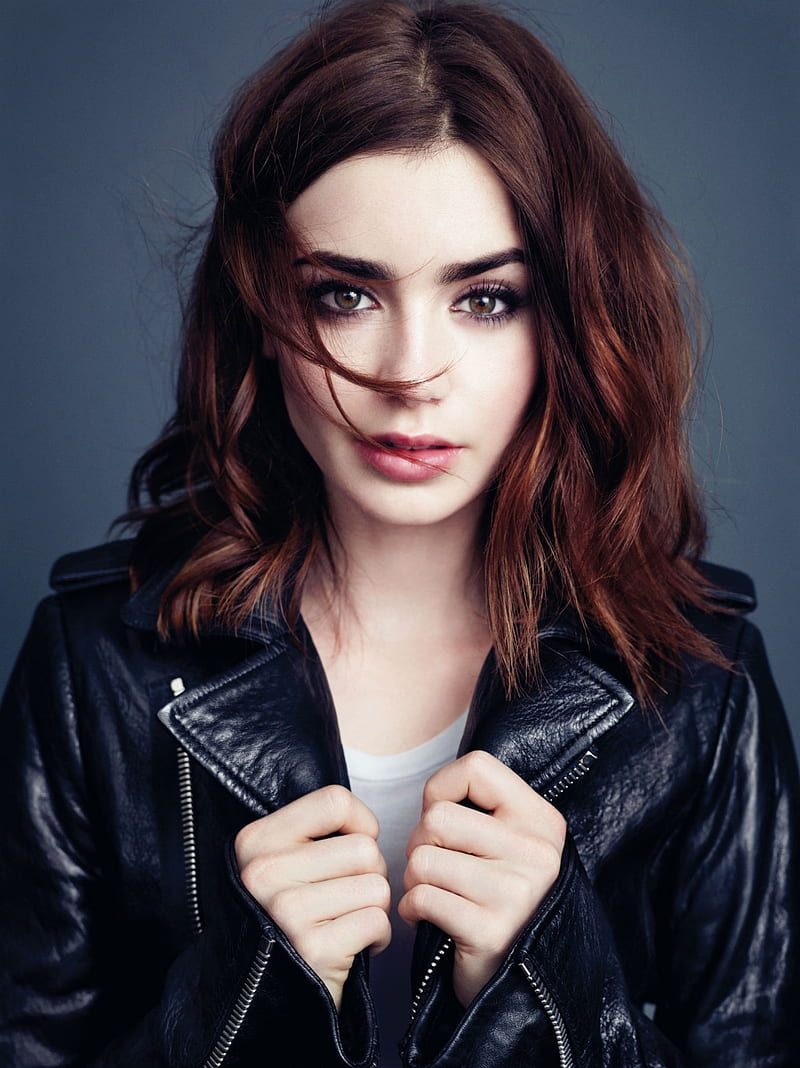 Lily Collins, women, actress, brunette, model, black leather jacket, British, young woman, HD phone wallpaper