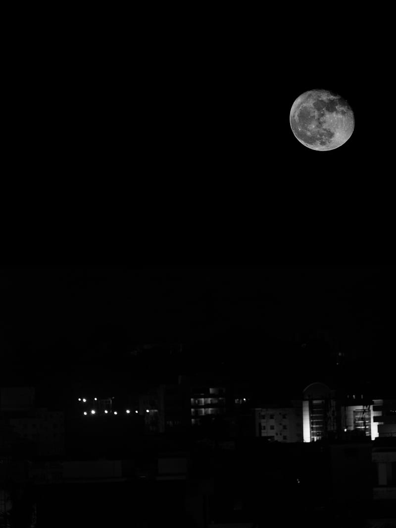 The moon, city, dark, life, moonshine, night, night life, night sky, sky, stars, HD phone wallpaper