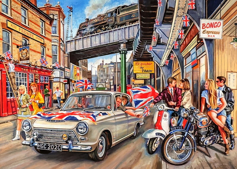 Spirit of The 60's, cortina, scooter, steam train, motorbike, flag, pub, oldi, ford, vintage, HD wallpaper