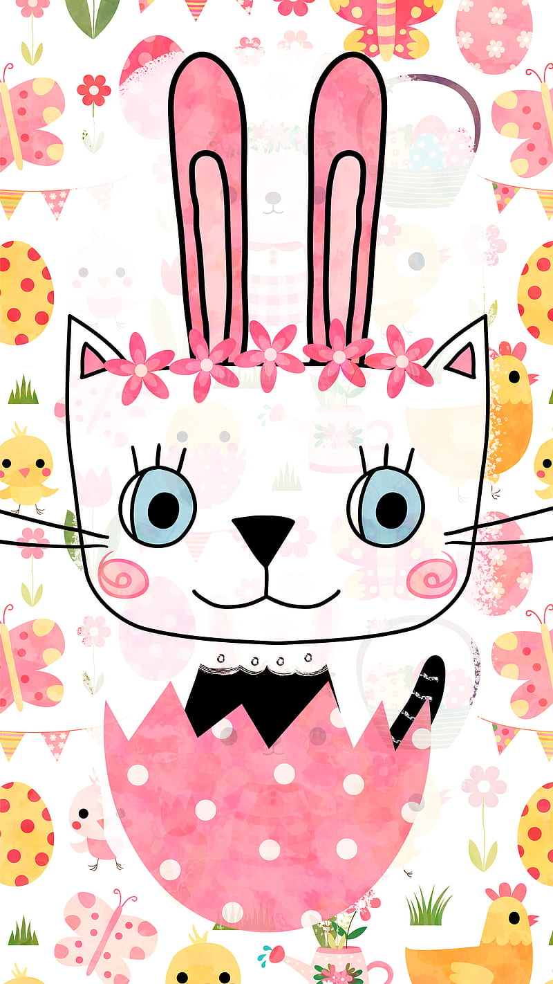 Funny Easter Cat Bunny, Koteto, animal, baby, background, basket, butterfly, cartoon, character, chick, chicken, child, color, creative, cute, drawing, ears, egg, eyes, flat, floral, flower, fun, happy, hen, illustration, joke, kawaii, kids, pastel, pattern, rabbit, spring, white, HD phone wallpaper