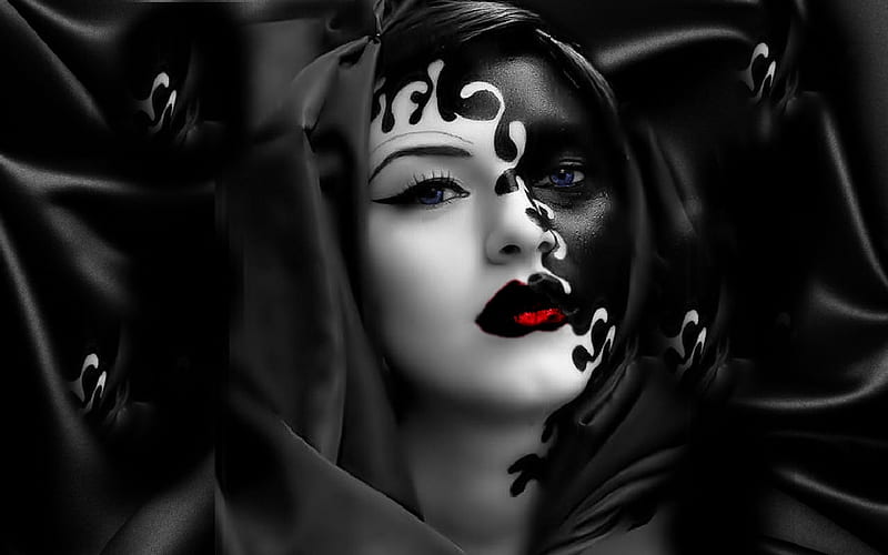 Fantasy Face Paint Mask, red, pretty, stunning, black and white, face paint, bonito, woman, fantasy, fantasy art, gorgeous, blue, female, lacy, ruby, creative, girl, mask, HD wallpaper