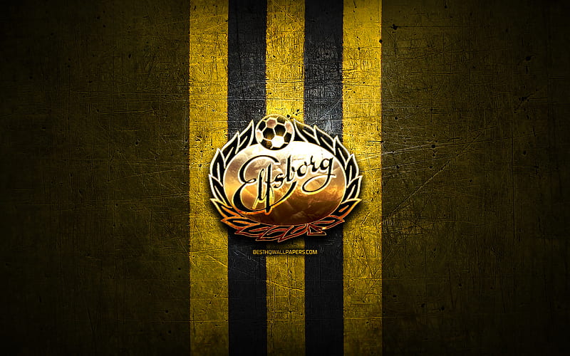 Elfsborg FC, golden logo, Allsvenskan, yellow metal background, football, IF Elfsborg, swedish football club, Elfsborg logo, soccer, Sweden, HD wallpaper