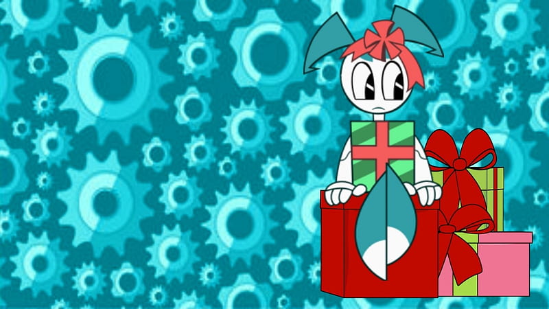 Jenny Gift Wrapped, Christmas, Robot, XJ-9, Nickelodeon, TV Series, Android, Bow, Cartoons, sfw, Jenny Wakeman, background, Gears, Holiday, cute, kawaii, mlaatr, Presents, Gifts, My Life as a Teenage Robot, Ribbons, HD wallpaper