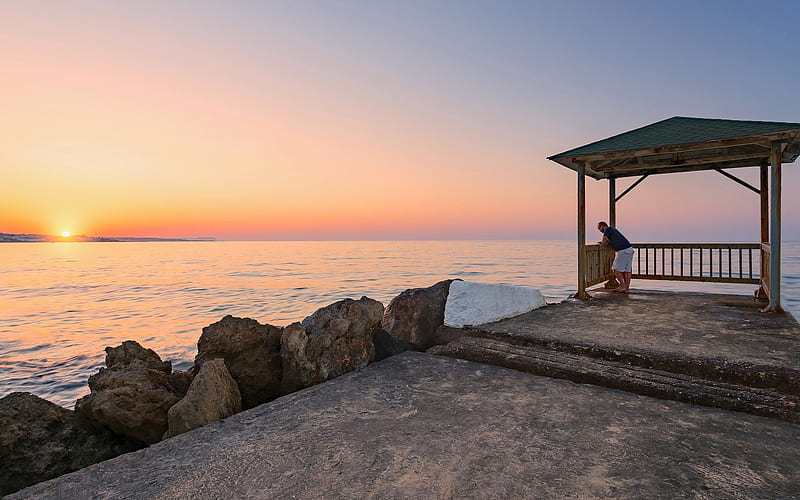 Sunset in Crete, Greece, Greece, pier, Crete, island, sunset, sea, HD wallpaper
