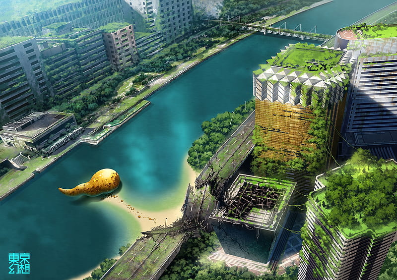 anime landscape, river, post-apocalyptic, buildings, foliage, Anime, HD wallpaper