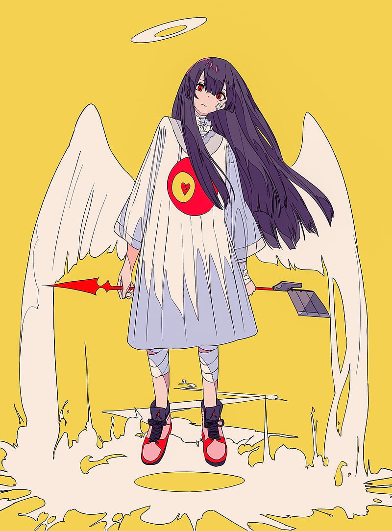 anime girls, anime, purple hair, yellow background, long hair, wings, red eyes, HD phone wallpaper