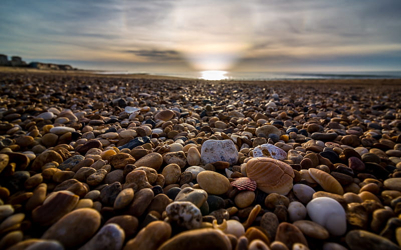 beach, pebbles, sea, stones, sky, rays, HD wallpaper