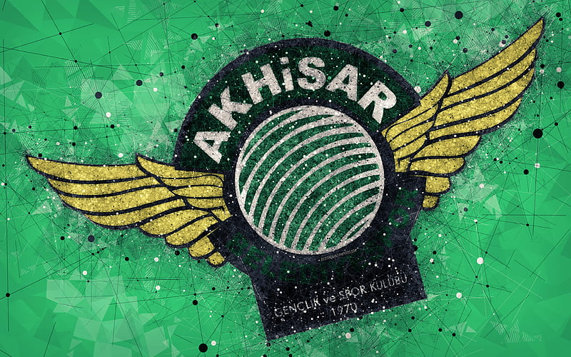 Akhisar Belediyespor logo, creative art, Turkish football club, geometric art, grunge style, green abstract background, Manisa, Turkey, Süper Lig, football, HD wallpaper