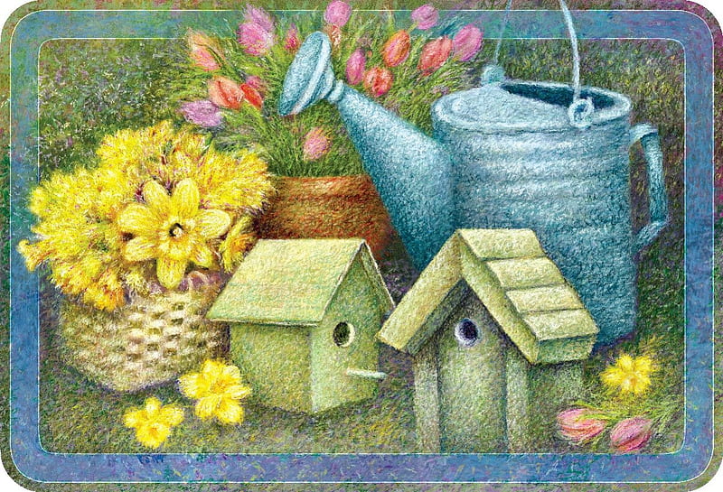 BIRD HOUSE GARDENS, watering, bird, two, houses, flowers, can, HD wallpaper