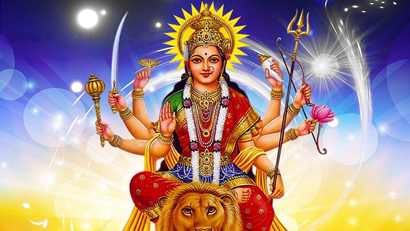God Durga With Weapons On Lion In Blue Yellow Bokeh Background Durga, HD  wallpaper | Peakpx