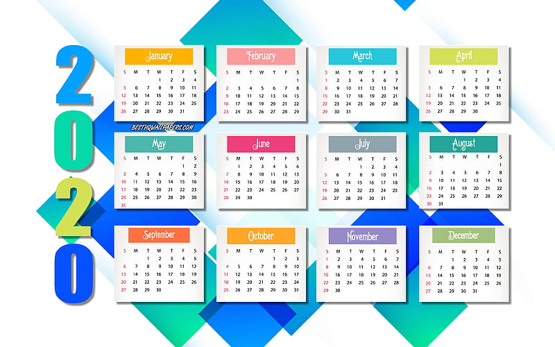 2020 Calendar, blue abstraction background, mosaic background, calendar 2020 all months, 2020 concepts, 2020 new year, HD wallpaper