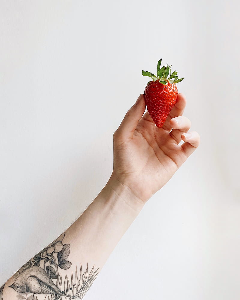 strawberry, hand, tattoo, white, HD phone wallpaper