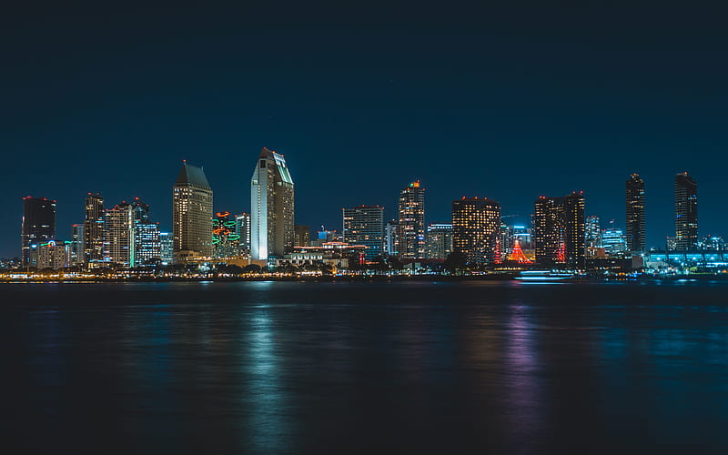 San Diego, nightscapes, embankment, modern buildings, cityscapes, USA, America, HD wallpaper