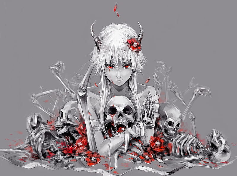 Demon, red, art, manga, hornes, fantasy, girl, anime, flower, white, skull, HD wallpaper
