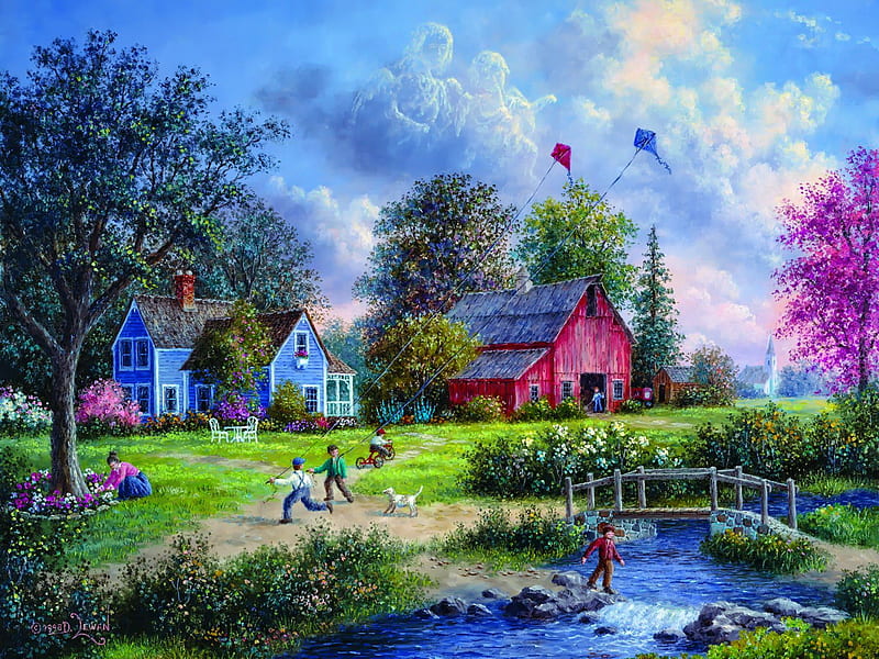 Flying the kites, playing, pretty, art, cottages, houses, children, bonito, fun, spring, creek, joy, countryside, fly, kite, peaceful, village, HD wallpaper