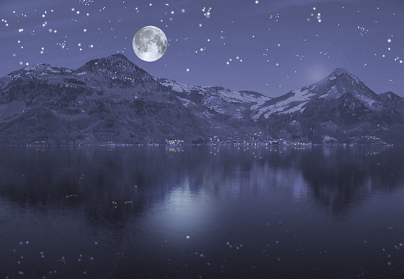 Lovely moon, stars, colorful, lovely, bonito, sky, moon, water, mountains, nature, reflection, landscape, light, blue, night, HD wallpaper