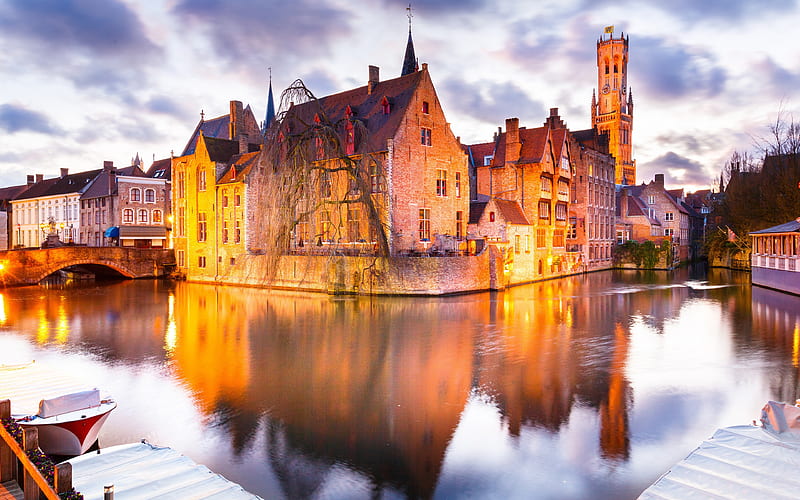 Bruges sunset, water channel, belgian cities, Europe, Belgium, Bruges in evening, HD wallpaper
