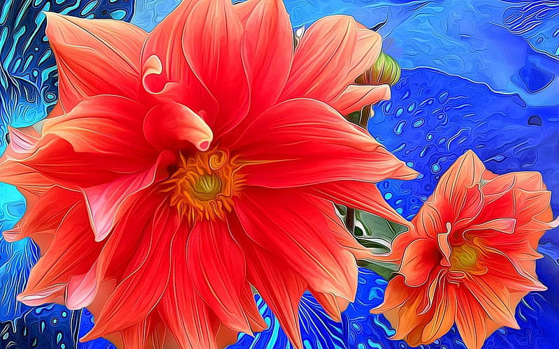 Flowers, poster, red, art, abstract, dalia, texture, painting, flower, blue, HD wallpaper