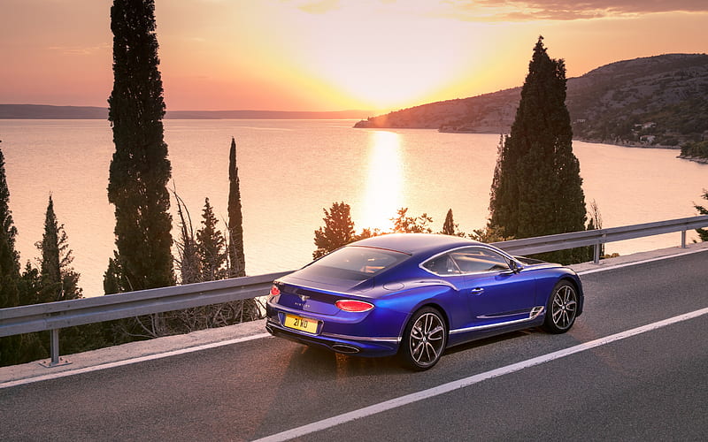 Bentley Continental GT, Coupe, 2017, Blue Bentley, Back view, luxury portal, sunset, British sports cars, Bentley, HD wallpaper
