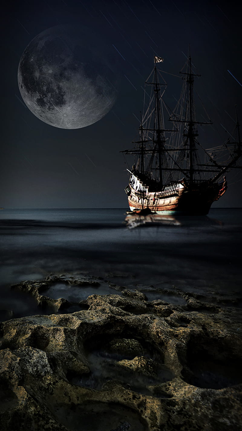 Dark Moonlight , dark moonlight, night, sea, ship, HD phone wallpaper