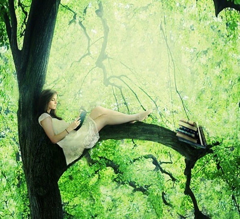 in full contact with nature, tree, leaves, green, girl, books, nature, pleasure, HD wallpaper