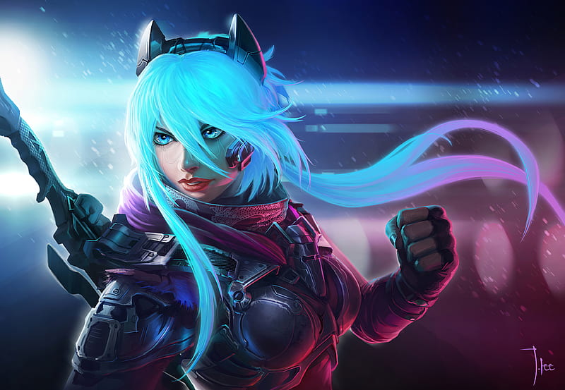 Sci Fi, Cyberpunk, Blue Hair, Girl, Woman Warrior, HD wallpaper