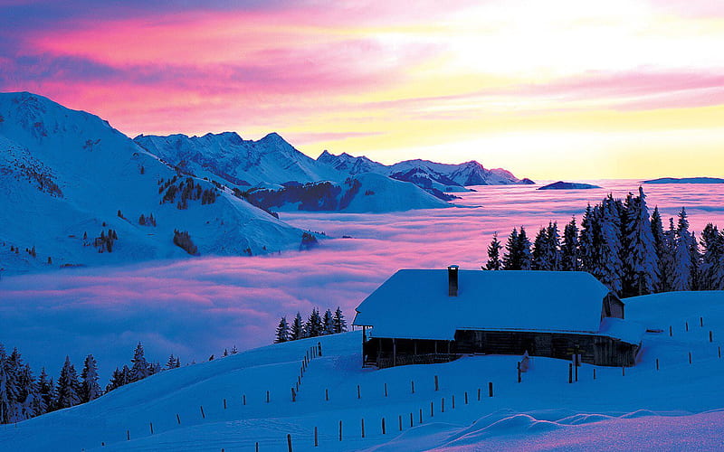 Switzerland Snow Winter Mountain River Nature Landscape  HD POSTER