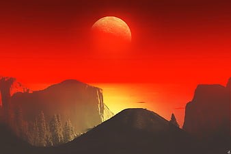 Download wallpaper 3840x2160 red moon and dark mountains, art 4k wallpaper,  uhd wallpaper, 16:9 widescreen 3840x2160 hd background, 29123