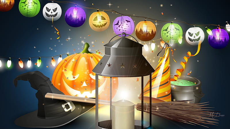 Hanging Jack-O-Lanterns, candle, lamp, hats, broom, lights, party, Halloween, jack-o-lanterns, Firefox Persona theme, pumpkins, HD wallpaper