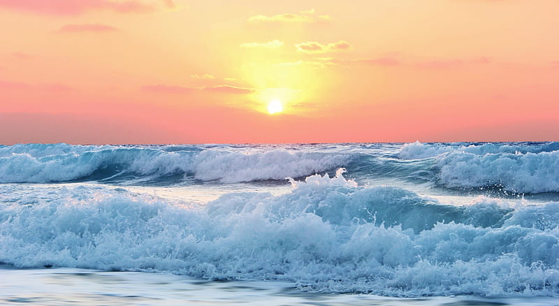 Ocean Waves in Sunset Horizon, Sea, Sky, Oceans, Waves, Sunsets, Nature, HD wallpaper