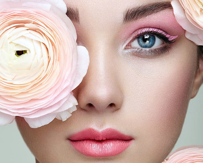 Beauty, ranunculus, model, eye, oleg gekman, woman, beauty lips, girl, flower, face, pink, HD wallpaper