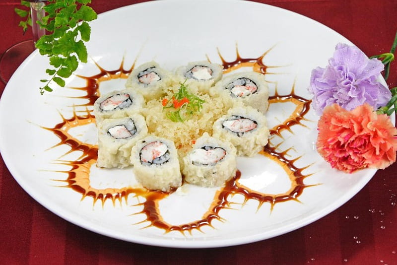 Sushi, dish, delicious, food, fish, flowers, HD wallpaper