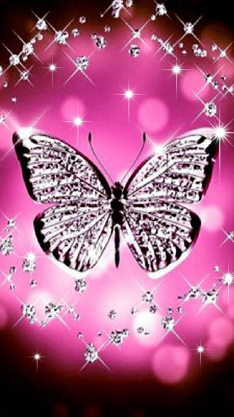 Dazzling, abstract, background, butterfly, diamonds, neon, pink, rhinestones, sparkles, stars, HD phone wallpaper