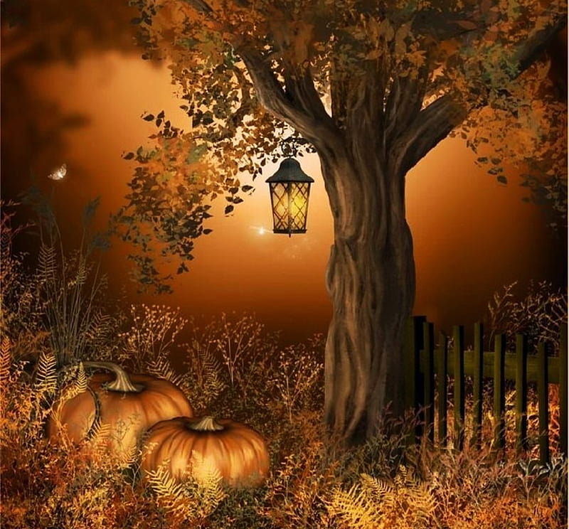 Autumn Light, fence, tree, moon, lantern, painting, artwork, pumpkins, HD wallpaper