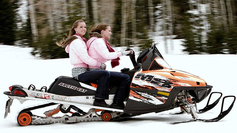 !!Hang On!!!, sisters, bonito, women, sweet, coats, snowmobile, beauty, pink, blue eyes, blue jeans, gorgeous, models, fun, smile, campbell twins, smiling, winter, happy, jennifer and natalie campbell, brunette, snow, hop, HD wallpaper