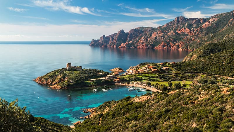 Fortress At The Coast Of Corsica Island, France, ruin, sea, mediterranea, clouds, landscape, trees, sky, rocks, HD wallpaper