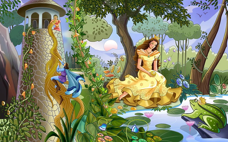 fairy tale charactors, prince, princess, landscape, tower, HD wallpaper