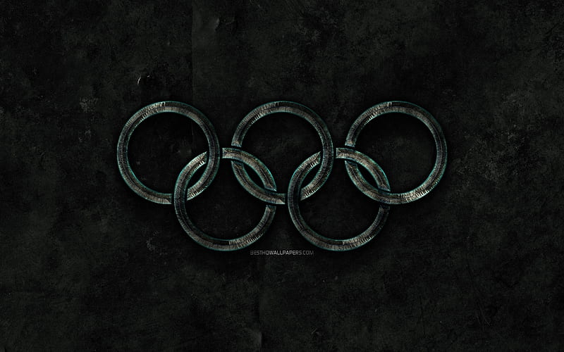 Olympic rings, gray stone rings, artwork, creative, olympic symbols, Stone Olympic Rings, HD wallpaper
