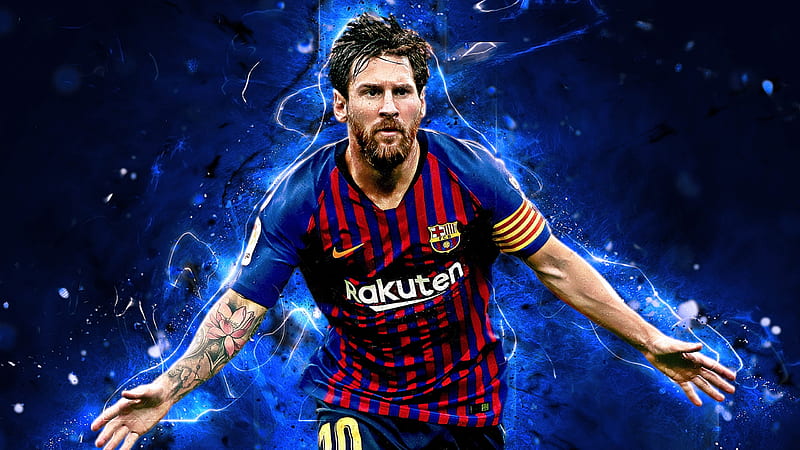 Lionel Messi In Blue Background Wearing Blue Red Striped Sports Dress Messi, HD wallpaper