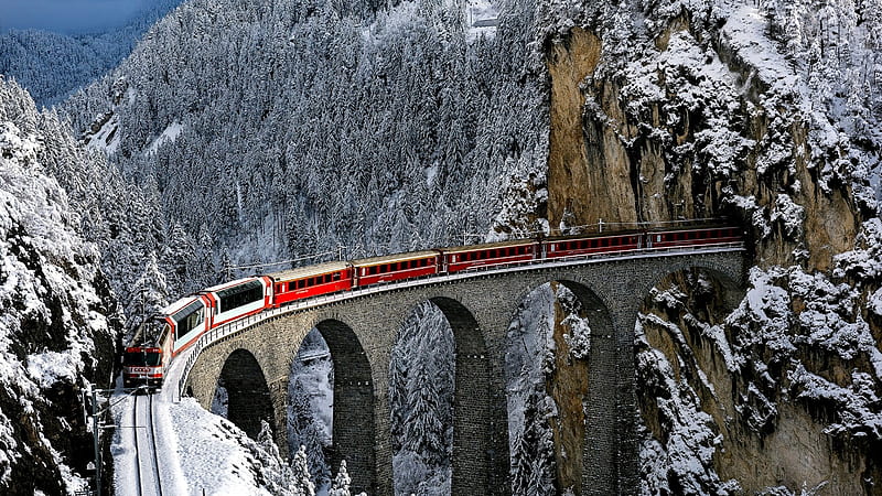 Landwasser Viaduct Switzerland, Landwasser Viaduct, Train, Filisur, Mountains, Trees, bonito, Switzerland, HD wallpaper