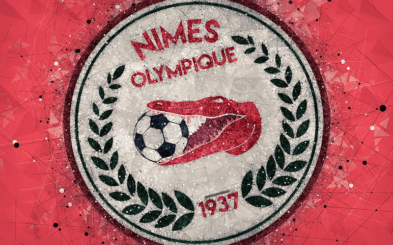 Nimes Olympique logo, geometric art, French football club, red abstract background, Ligue 2, Nimes, France, football, creative art, Nimes FC, HD wallpaper