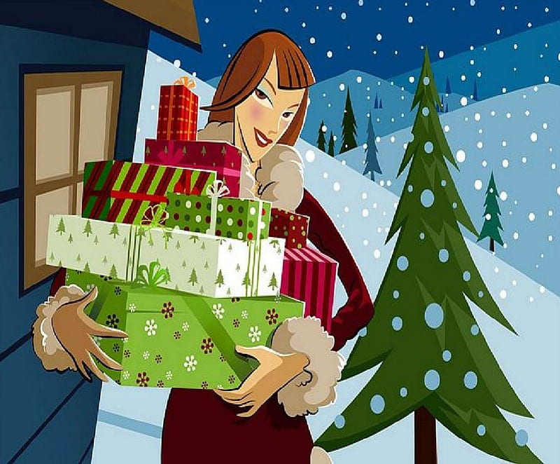 Bring Home The Prizes, house, christmas, snow, prizes, woman, HD wallpaper