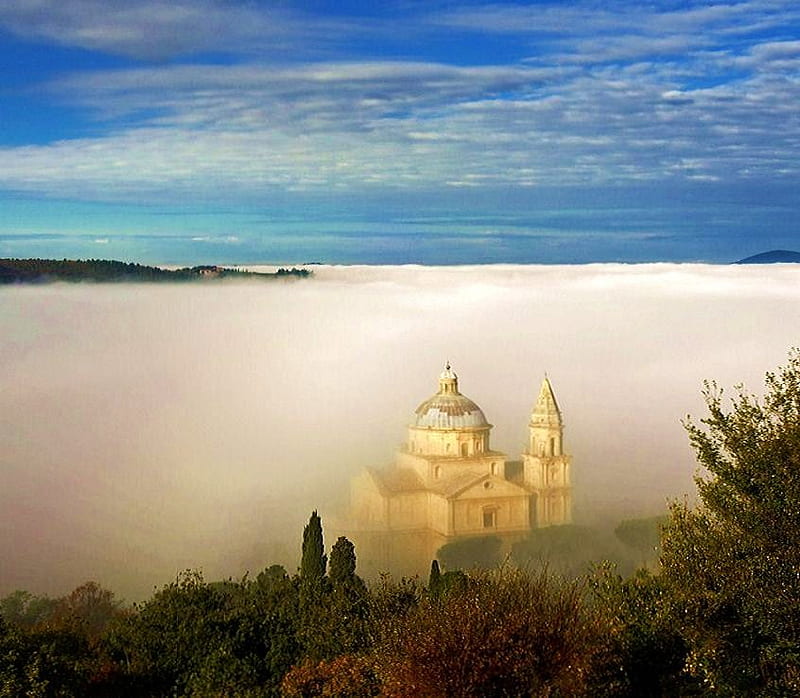 St Blaise church in Italy, tree tops, saint blaise church, blue sky, fog, italy, mist, HD wallpaper